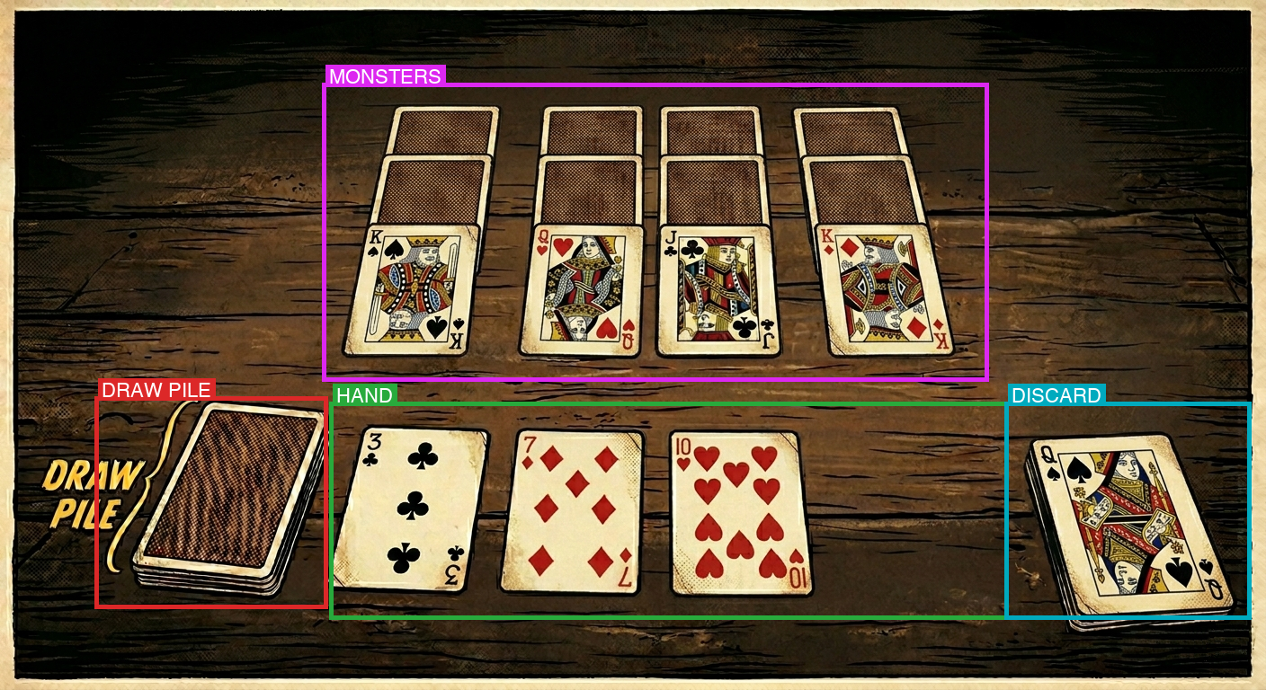 Annotated Clear the Dungeon tableau showing the four monster columns (magenta), the draw pile (red), the player hand (green), and the discard pile (teal)